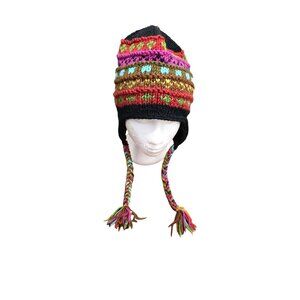 greater Good Handmade 100% Wool Earflap Hat Multicolor Knit Design & Tassels